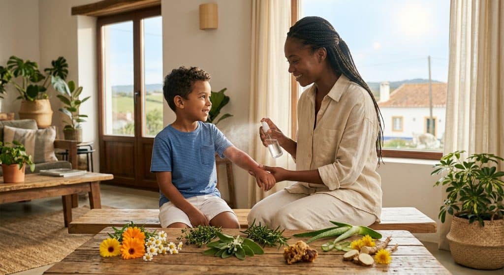 Mãe a aplicar o Aloe Vera Spray de Emergência no braço do filho numa sala luminosa, com a embalagem do produto e ingredientes naturais sobre a mesa.